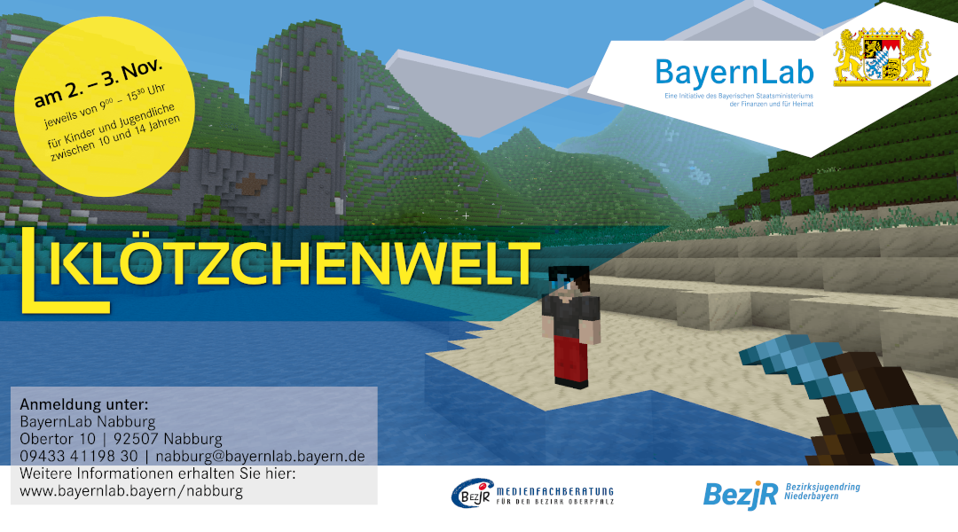 Klötzchenwelt; Workshop am 02. und 03. November 2023 im BayernLab Nabburg; Hintergrund im Stil von Minecraft: Mensch vor Bergen und See Landschaft